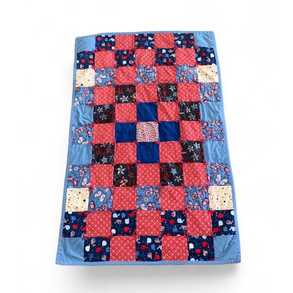 Handmade Patriotic Patchwork Quilt 4th of July Whales Stars Butterflies Lap SIze - Picture 1 of 10